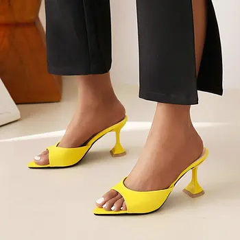 2022 קיץ צהוב כתום רוז עקבים מחודד בוהן פתוח סקסי מקרית בנות להחליק על עקבים גבוהים שקופיות נעלי נשים פרדות סנדלים