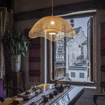 במבוק תליון מנורה יד סרוג בסגנון סיני אריגה תלויות מנורות 35/50/70/80cm מסעדה בית עיצוב גופי תאורה