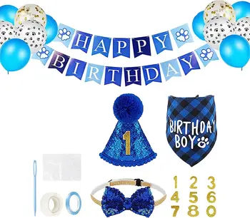 גור יום הולדת אספקה - צבעוני כלב יום הולדת בנדנה, צעיף בלון - כלב יום הולדת קישוטים למסיבה בלון כחול ריר מגבת Tri
