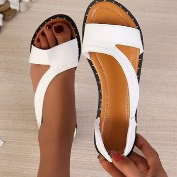 חדש קיץ נעלי נשים סנדלים שטוחים נעלי החוף האישה בתוספת גודל 43 מוצק סנדלים נוחות עור Sandalias דה Mujer