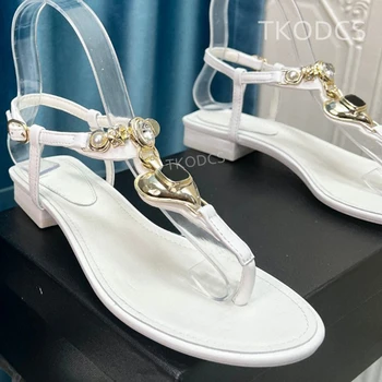 כפכפים מתכת לב עיצוב שטוח נעלי נשים סנדלים אבזם רצועת עור אמיתי Sandalias דה Mujer מסיבה מתוקה דירות Zapatillas