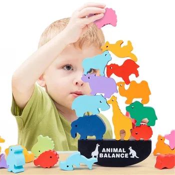 מונטסורי עץ איזון רחובות צעצועים החיות דינוזאור אבני הבניין לערום גבוה לוח משחקי ילדים בנים מתנות חינוכיות
