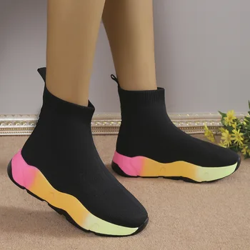 נשים גרביים סרוגים מאחד את מגפי קרסול נעלי פלטפורמה להתאים צבעים בנות גמיש 