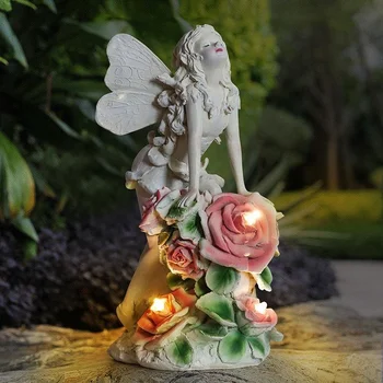 עמיד למים השמש פרח פיות הלילה אור אנג ' ל ילדה פסל חוצות גינת חצר מנורה קישוט הבית פיסול