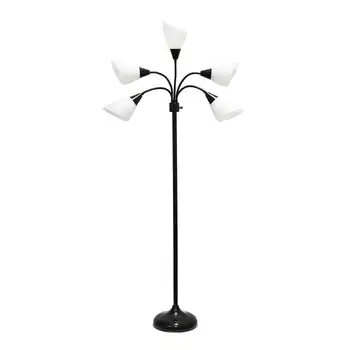 קומה LampSimple עיצובים 5 אור מתכווננת Gooseneck שחור מנורת רצפה עם גוונים לבנים